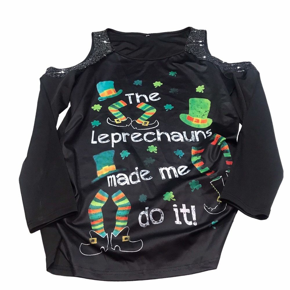 Womens Top XXL Leprechaun St Patricks Holiday Party cold shoulder long sleeve - Picture 4 of 10